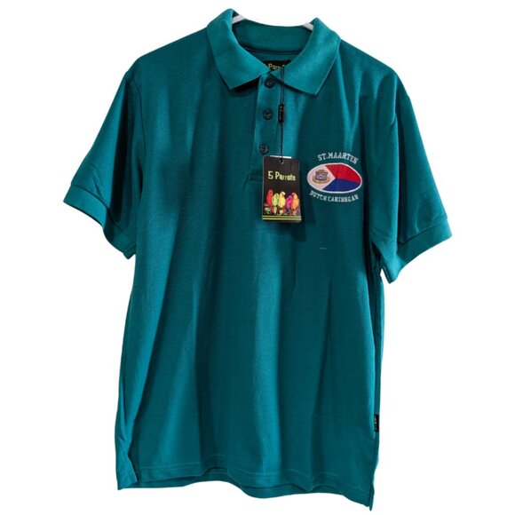 5 Parrots Men's Green Polo Shirt, Size L, St. Maarten, Dutch Caribbean, NWT - Picture 1 of 12